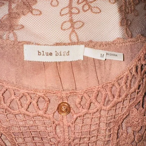 Anthropologie Blue Bird Boho Peasant Babydoll Crochet Lace M Cottage Dusty Rose - Picture 3 of 15
